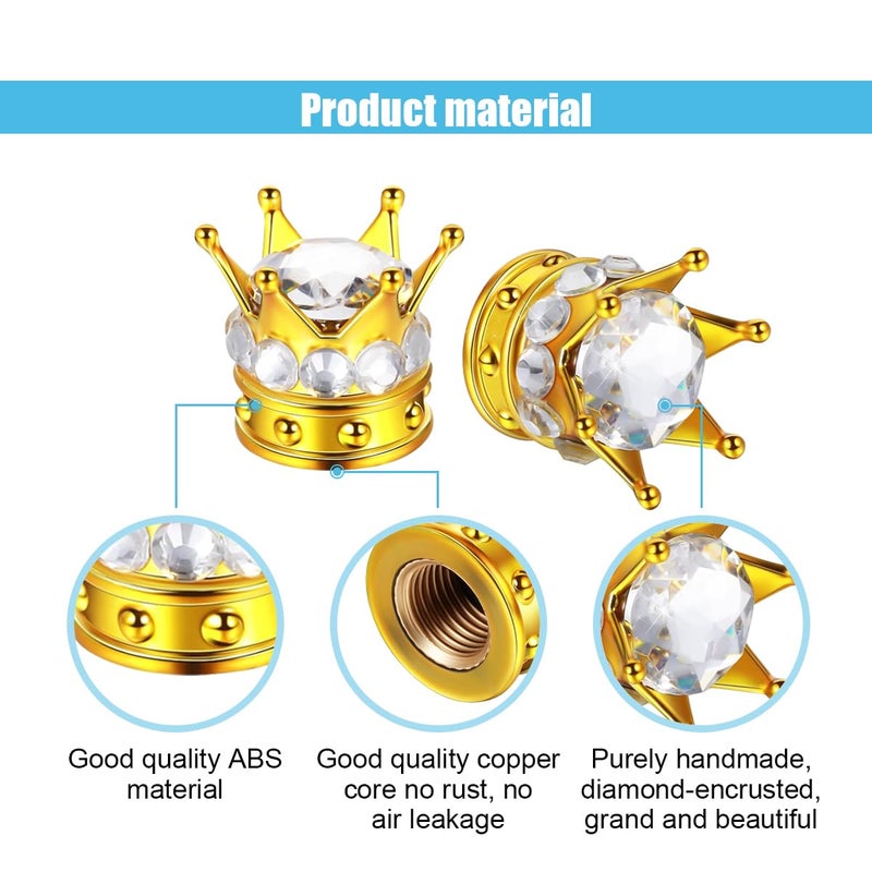 smilfuy 4PCS Crown Tire Valve Stem Caps, Bling Handmade Crystal Rhinestone Wheel Tire Valve Caps Covers Chrome, Attractive Dustproof Bling Car Accessories, Universal for Car SUV Truck (White Gold) - Image 3